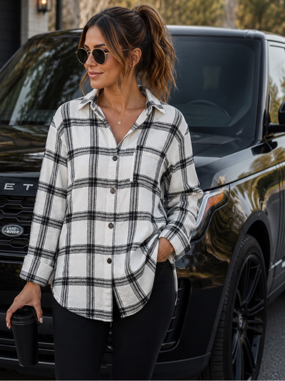 ✨Retro Chic Oversized Plaid Flannel Button Up Shacket Jacket Shirt Black White - Picture 1 of 6